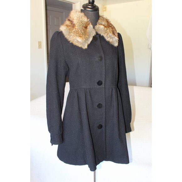 H&M Wool Blend Faux Fur Collar Jacket Size 8 Black Pea Coat Button Penny Lane - Picture 10 of 12